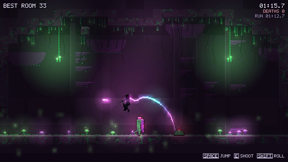 The creature leaps through a dark fungal grotto of green-lit stalks, its glowing ribbon trailing behind.
