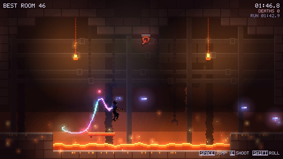 A forge room over a river of molten lava, the ribbon arcing up to the creature on a high ledge.