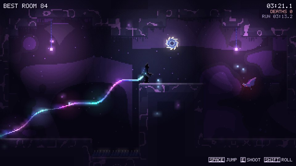 The abyss: violet void and floating rock, the creature mid-jump near a spinning blade.