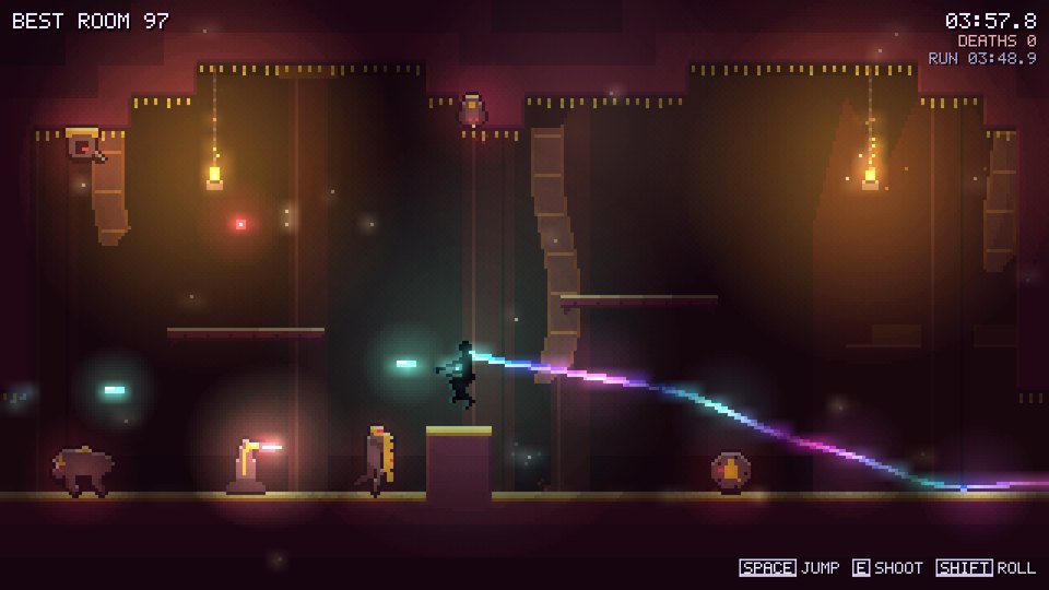 The throne: a warm, torch-lit hall near the very bottom, the creature leaping between pillars.